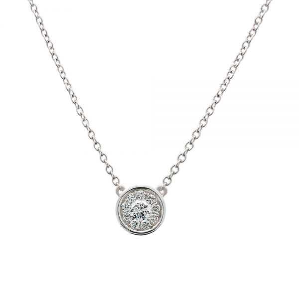18k White Gold Round Bezel Set Diamond Cluster Pendant of Ten Diamonds