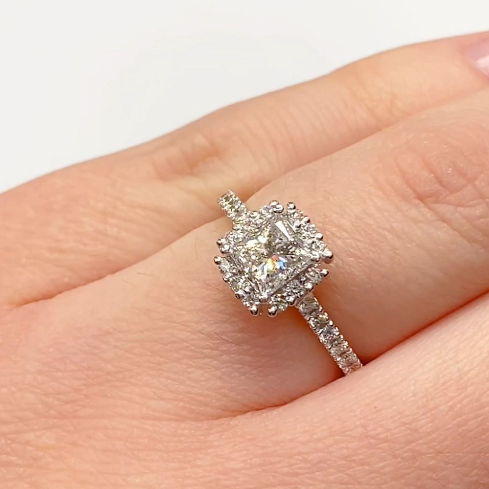 Princess cut diamond with halo & diamond band ring